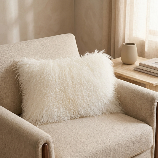 Genuine Mongolian lamb fur lumbar pillow 12x20 in natural white