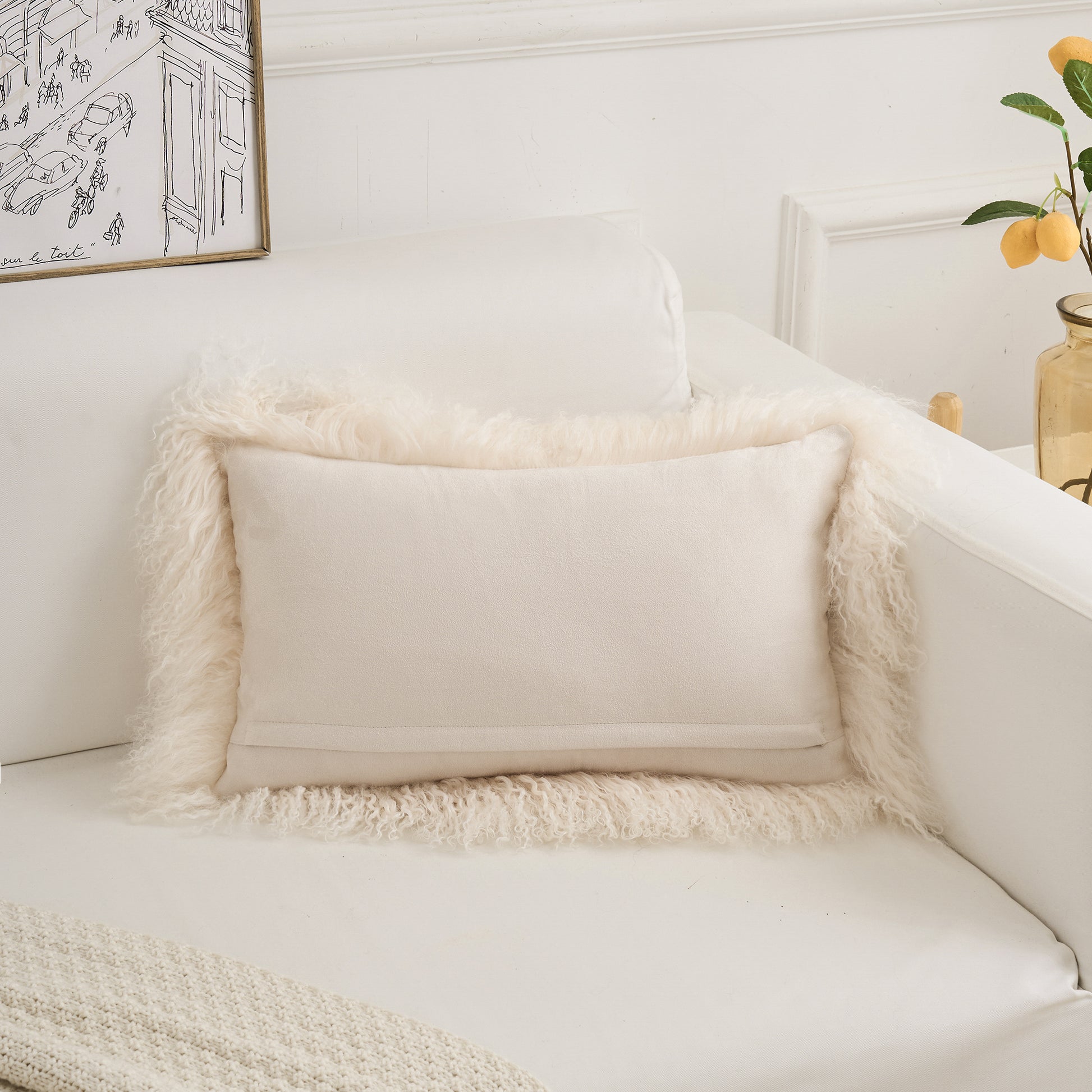 Soft suede back of genuine Mongolian lamb fur lumbar pillow