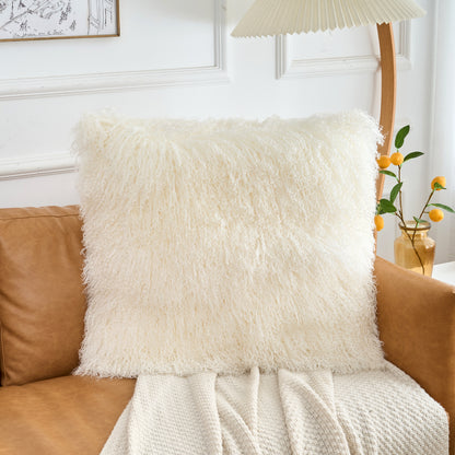 Mongolian lamb fur pillow in natural white with soft curly wool texture placed on a single sofa in modern luxury living room
