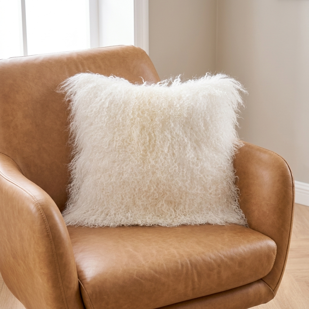 Mongolian lamb fur pillow in natural white with soft curly wool texture placed on a single sofa in modern luxury living room