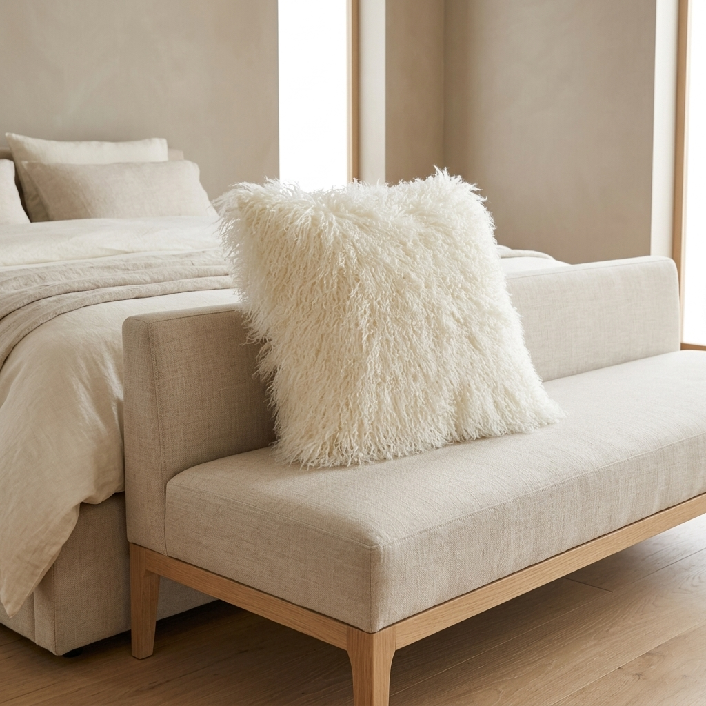 Mongolian lamb fur pillows in natural white with soft dense curly texture placed at the end of a bed in warm neutral bedroom interior