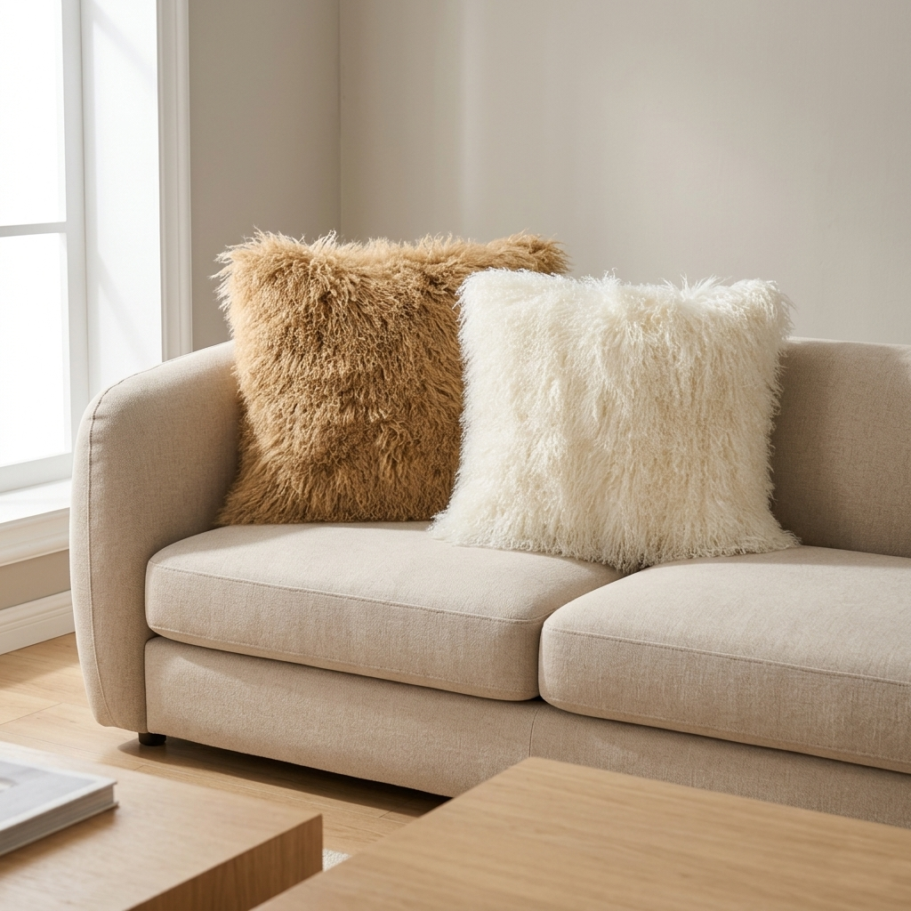 Two Mongolian lamb fur pillows in natural white with natural fluffy curly texture styled on a sofa in elegant modern living room decor