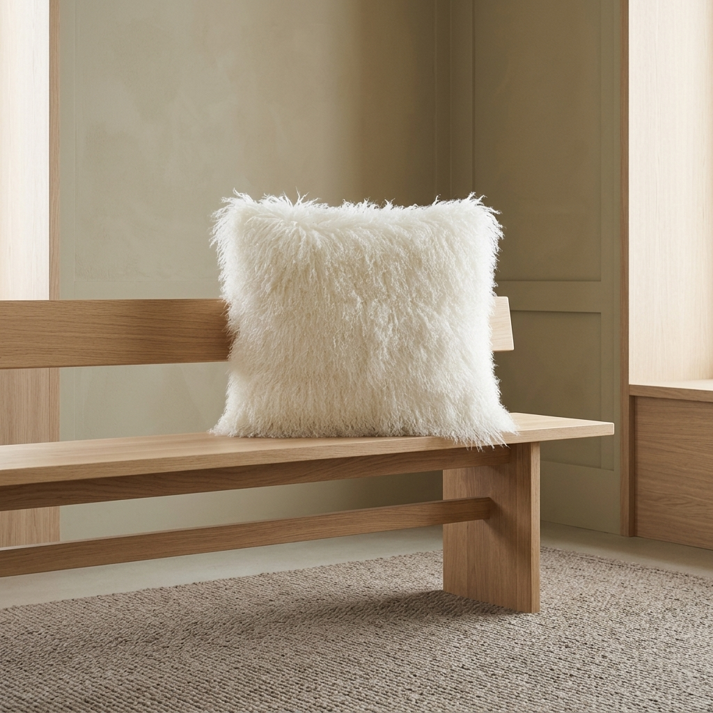 Mongolian lamb fur pillows in natural white with natural curly wool texture styled on a wooden bench in minimalist luxury home interior