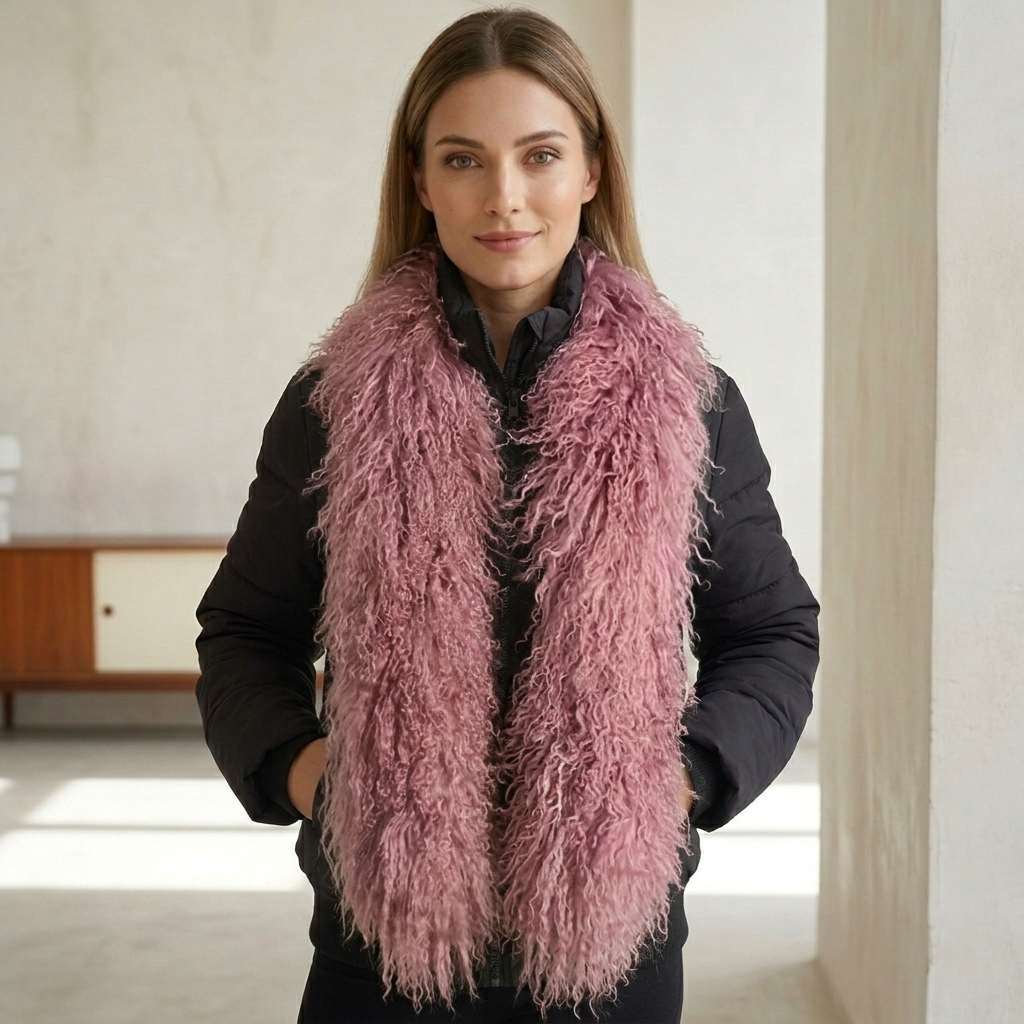 Soft curly Mongolian lamb fur scarf in Mauve, luxury winter neck accessory