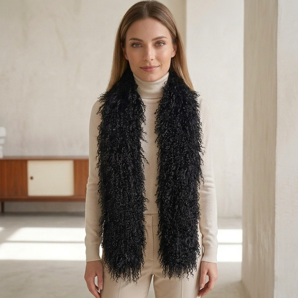 Soft curly Mongolian lamb fur scarf in black luxury winter neck accessory