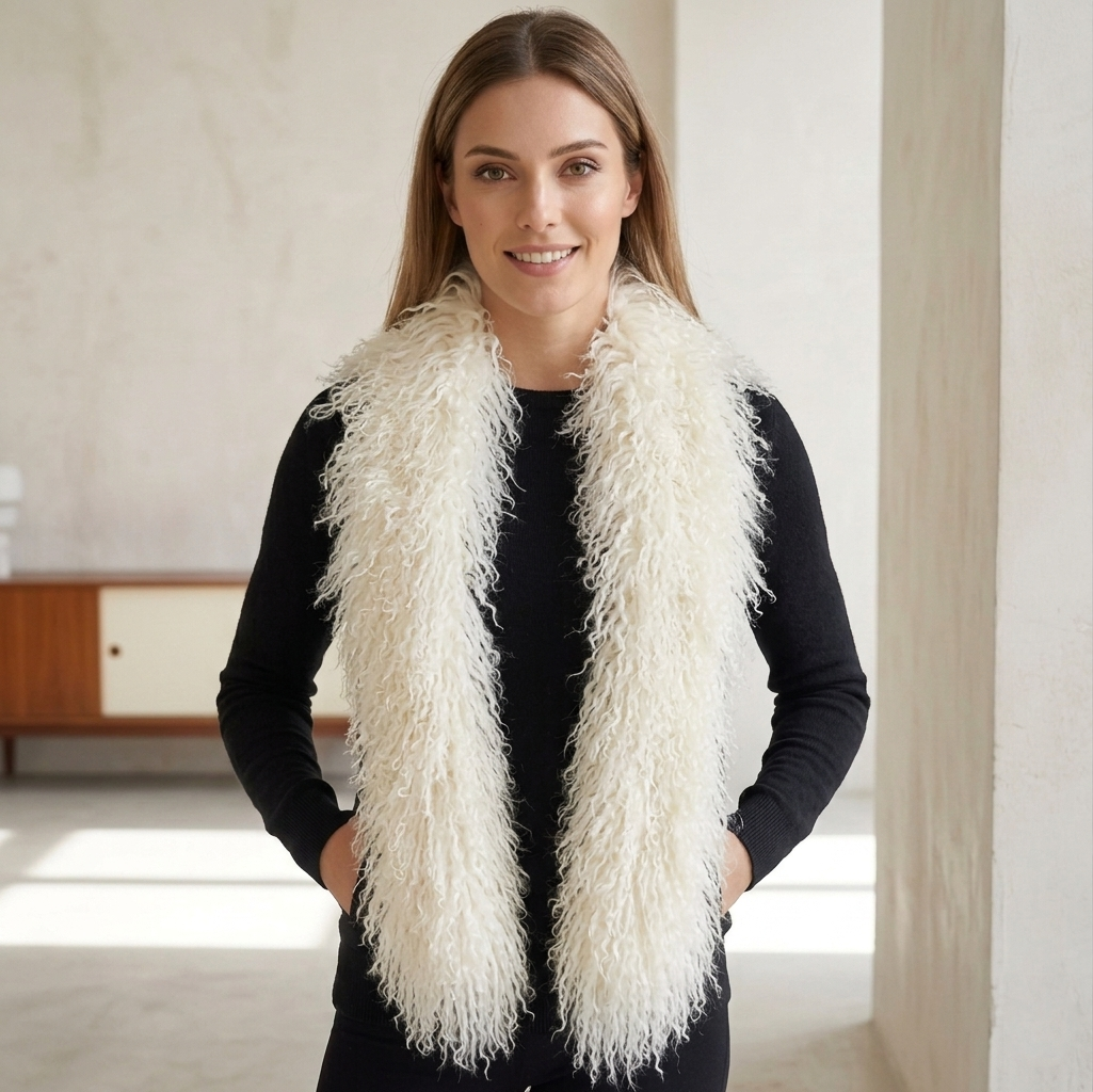 Soft curly Mongolian lamb fur scarf in cream white, luxury winter neck accessory