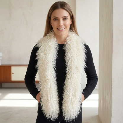 Soft curly Mongolian lamb fur scarf in cream white, luxury winter neck accessory