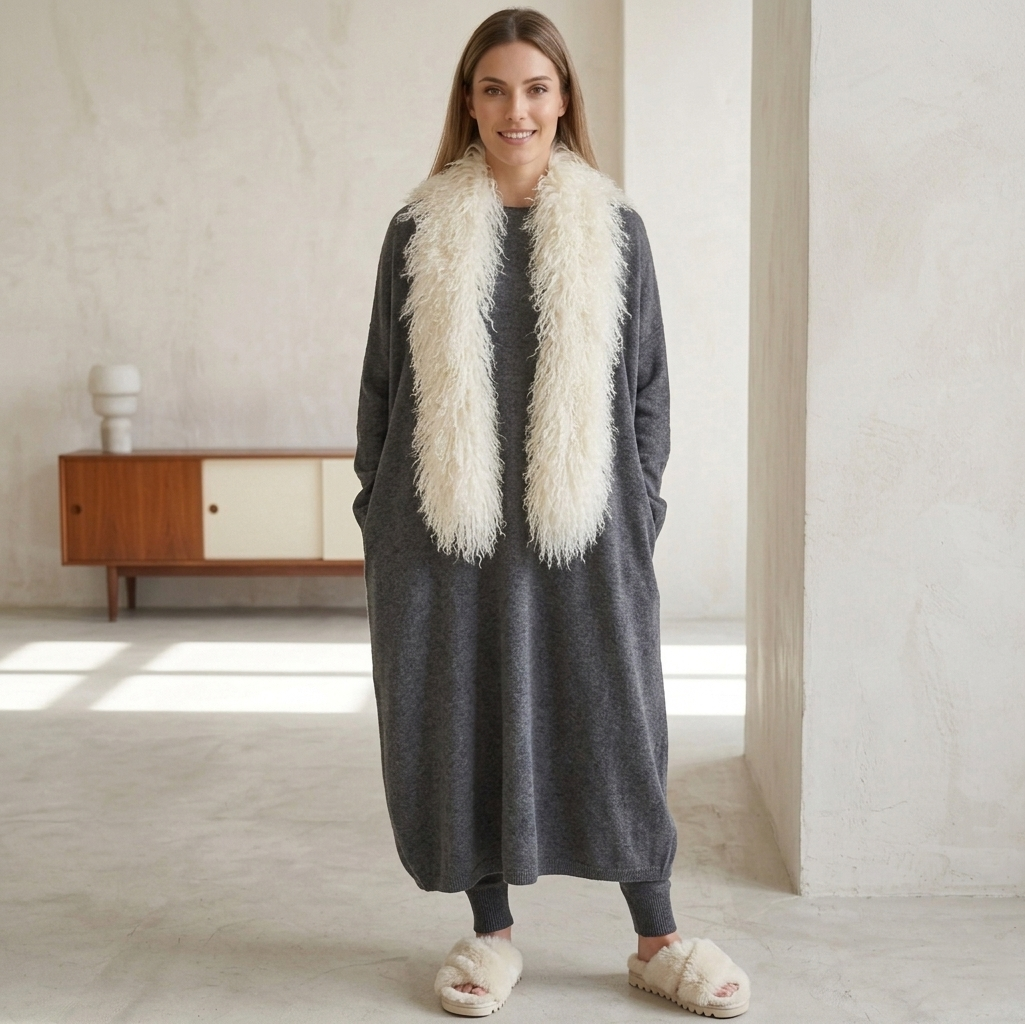 Luxury Mongolian lamb fur scarf, soft curly texture, front product display