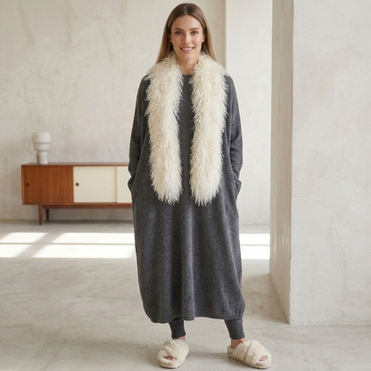 Luxury Mongolian lamb fur scarf, soft curly texture, front product display