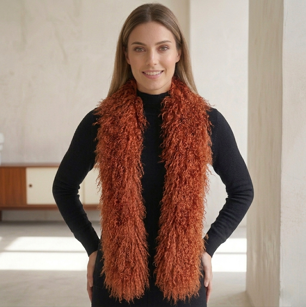 Elegant real lamb fur scarf, soft curly texture winter fashion essential