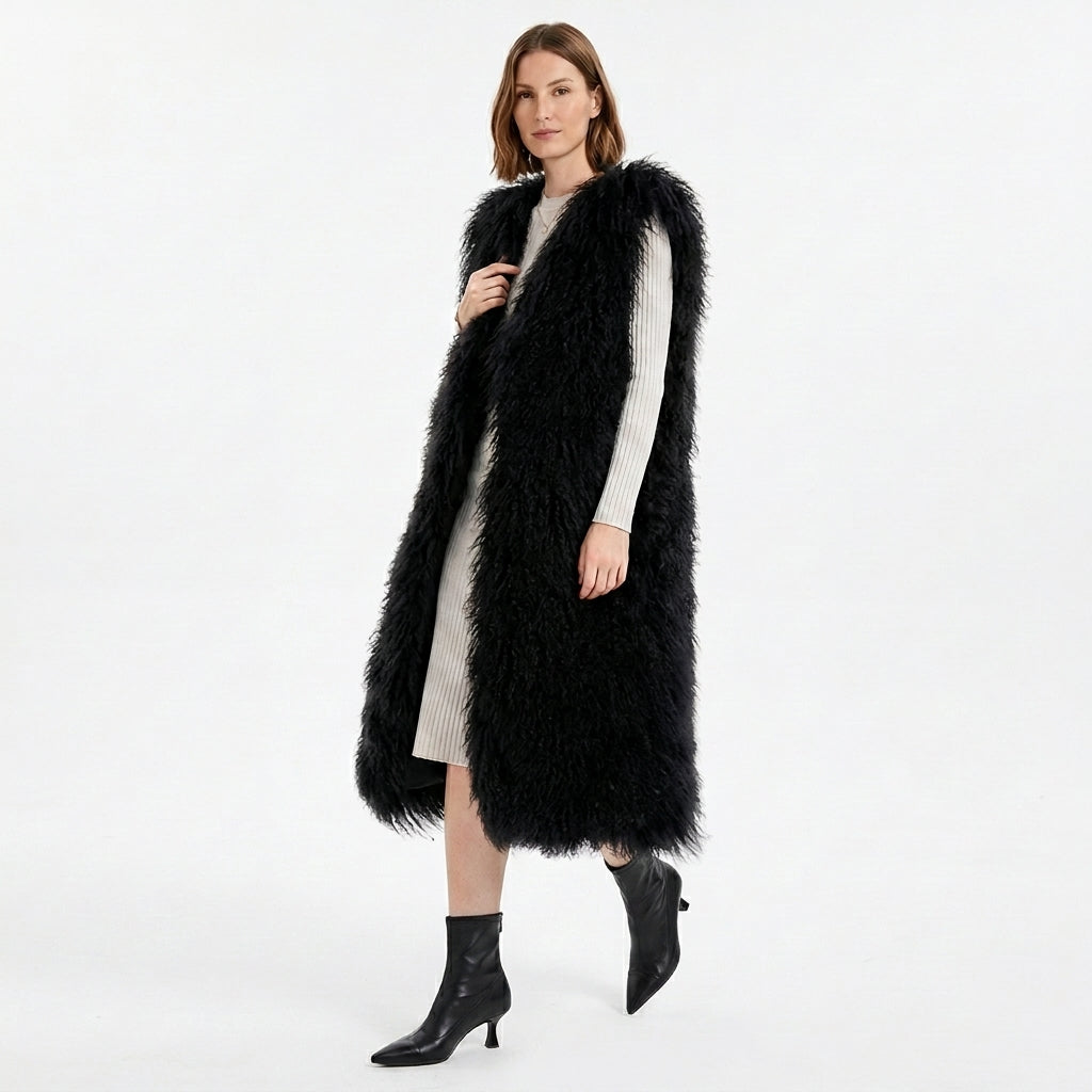 Extra Long 43" Mongolian Lamb Fur Vest | Luxury Full Length Statement Outerwear