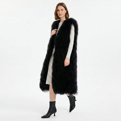 Extra Long 43" Mongolian Lamb Fur Vest | Luxury Full Length Statement Outerwear