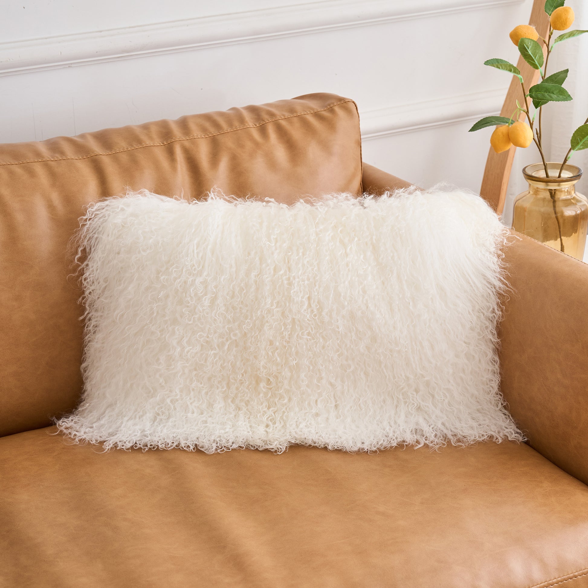 Natural white Mongolian lamb fur lumbar pillow for luxury home decor