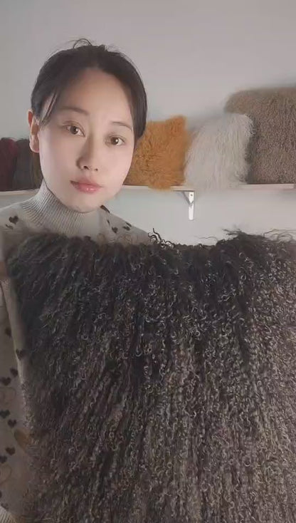 Housse de coussin en fourrure d'agneau tibétaine/mongole noire 