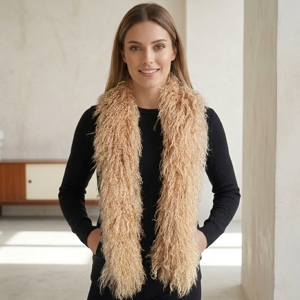 Luxury Mongolian lamb fur scarf in soft dark beige, elegant winter fashion accessory