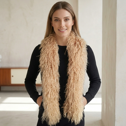 Luxury Mongolian lamb fur scarf in soft dark beige, elegant winter fashion accessory