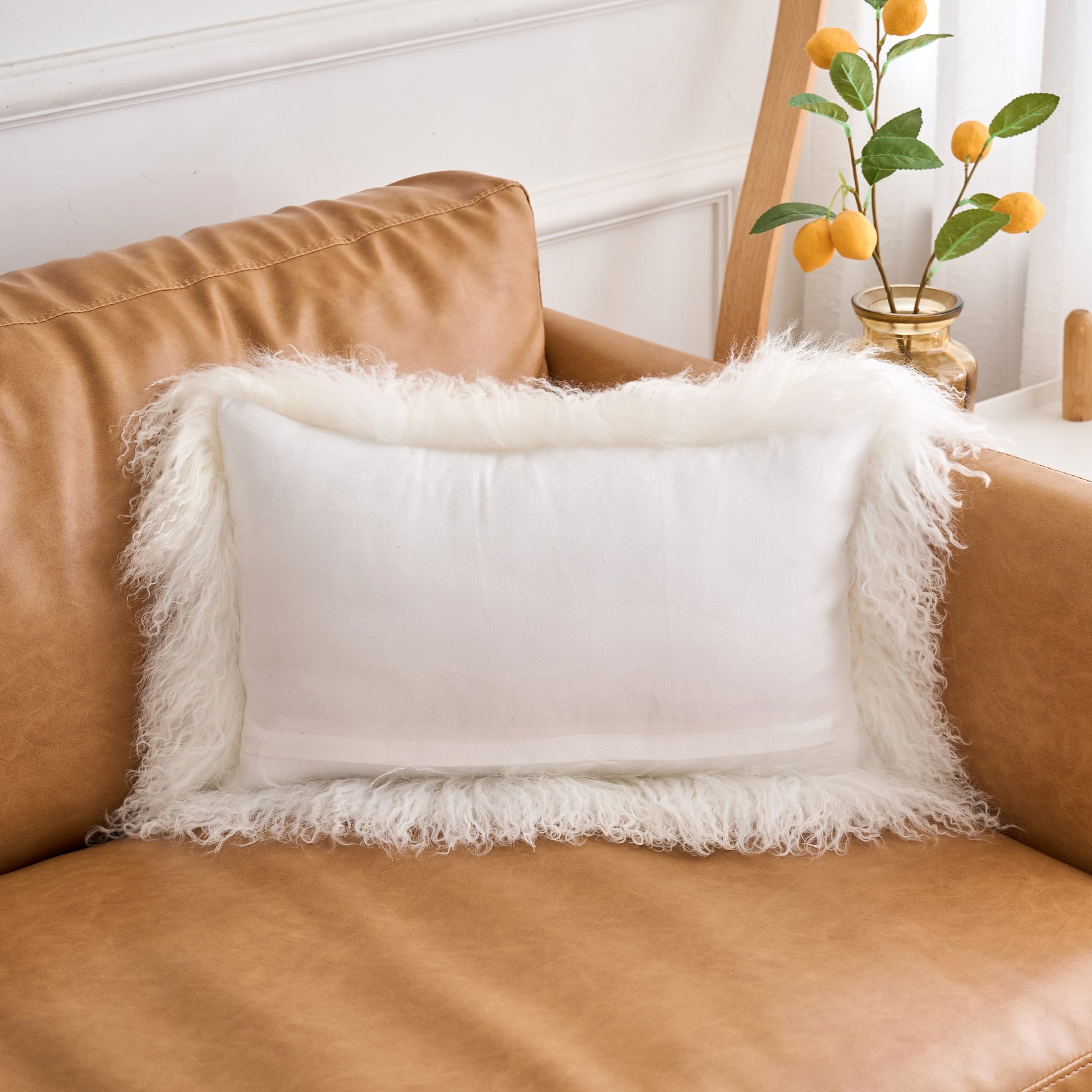 White Mongolian lamb fur pillow with soft suede back